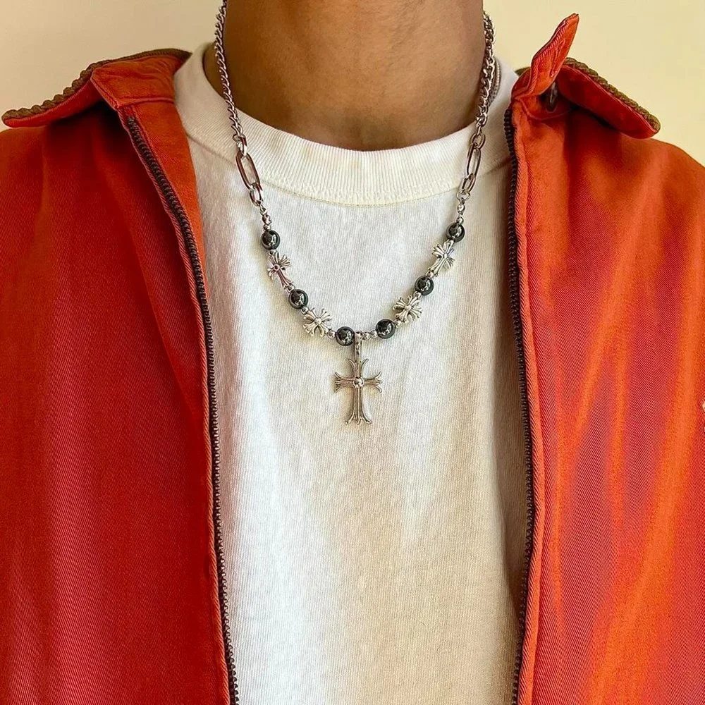 Pearl silver cross pendant necklace.  y2k grunge chrome.  Men/Women